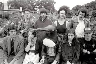 Garden Party! PCO at Kew, 1981. Simon Jeffes gets his alter ego on (centre). To his right, partner, cover artist and sculptor Emily Young