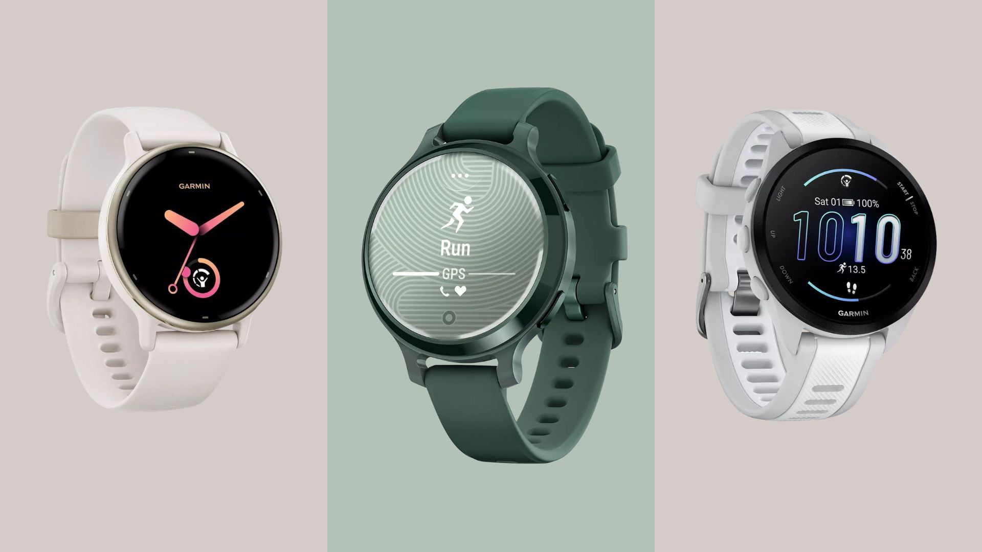 Garmin Vivoactive 5, Lily 2 Active, and Forerunner 165, three watches in the Garmin sale