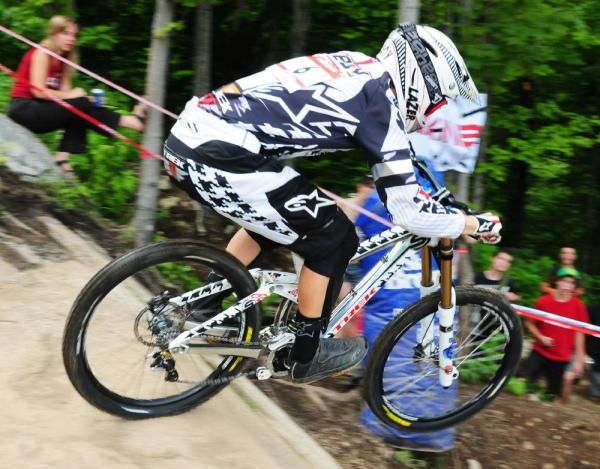 Justin Leov over a drop-off on the tricky course.