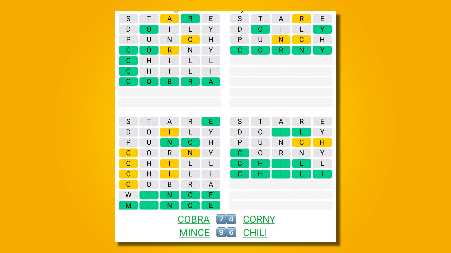 Quordle answers for game 507 on a yellow background