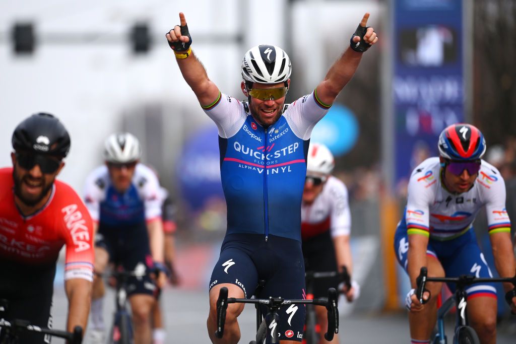 MILAN ITALY MARCH 16 Mark Cavendish of United Kingdom and Team QuickStep Alpha Vinyl celebrates at finish line as race winner during the 103rd MilanoTorino 2022 a 197km one day race from Magenta to Rivoli MilanoTorino on March 16 2022 in Milan Italy Photo by Tim de WaeleGetty Images