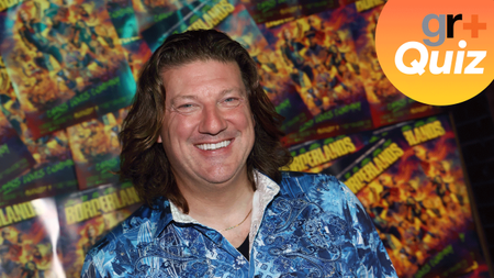 Randy Pitchford, Borderlands creator at SDCC 2024 with the gamesradar+ quiz in the top right corner