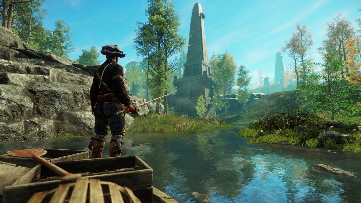 A screenshot of a character fishing in New World.