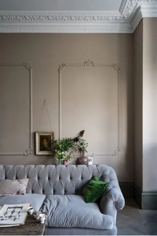 A living room wall painted in Jitney by Farrow & Ball