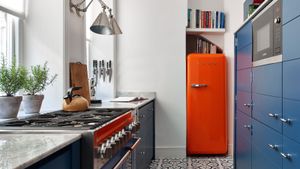 Color-pop galley kitchen with red fridge, fresh herbs, patterned floor tiles and natural daylight