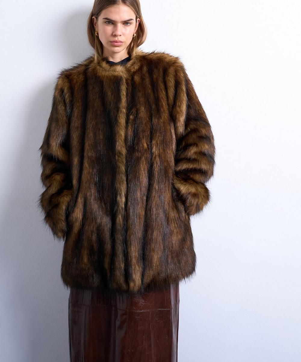 Faux Fur Collarless Mid Length Coat
