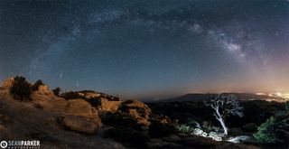 Astrophotographer Sean Parker captured this 12-photo panorama showing two Lyrid meteors over the Catalina Mountains just outside, Tucson, Ariz., on April 21, 2013.