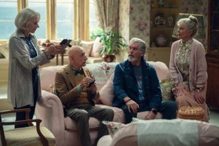 The Thursday Murder Club members Elizabeth (Helen Mirren), Ibrahim (Ben Kingsley), Ron (Pierce Brosnan) and Joyce (Celia Imrie)
