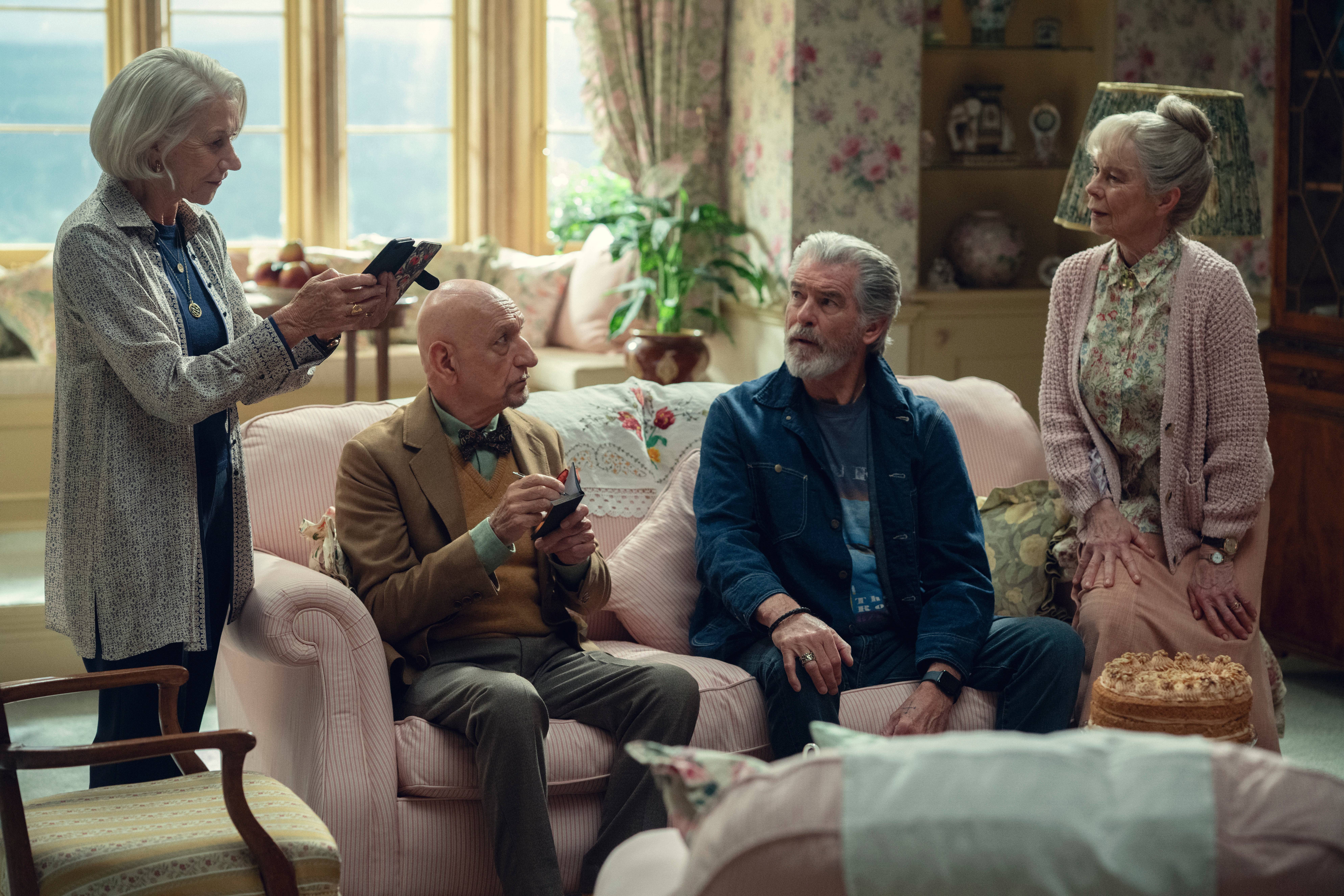 The Thursday Murder Club members Elizabeth (Helen Mirren), Ibrahim (Ben Kingsley), Ron (Pierce Brosnan) and Joyce (Celia Imrie)
