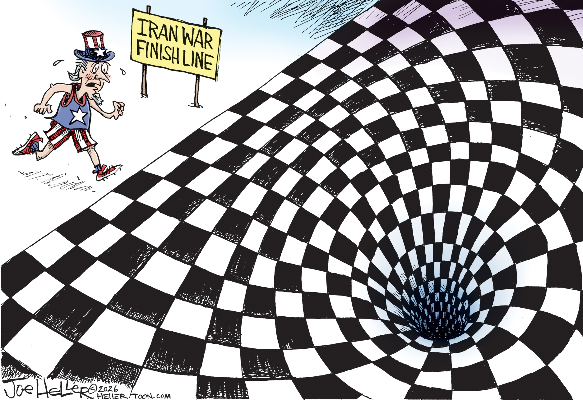 This cartoon depicts a sweaty and distressed Uncle Sam running toward a sign that reads &amp;ldquo;Iran War Finish Line&amp;rdquo;. The finish line is a massive sinkhole that is drawn like a faux 3d representation of black hole from which there is no escape.