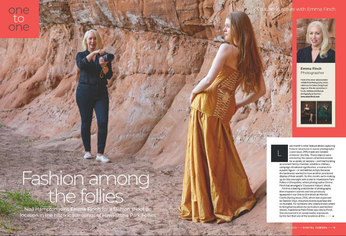 Image showing the first two pages of the One to One article in issue 296 (July 2025) of Digital Camera magazine, a pro masterclass with British boudoir photographer Emma Finch