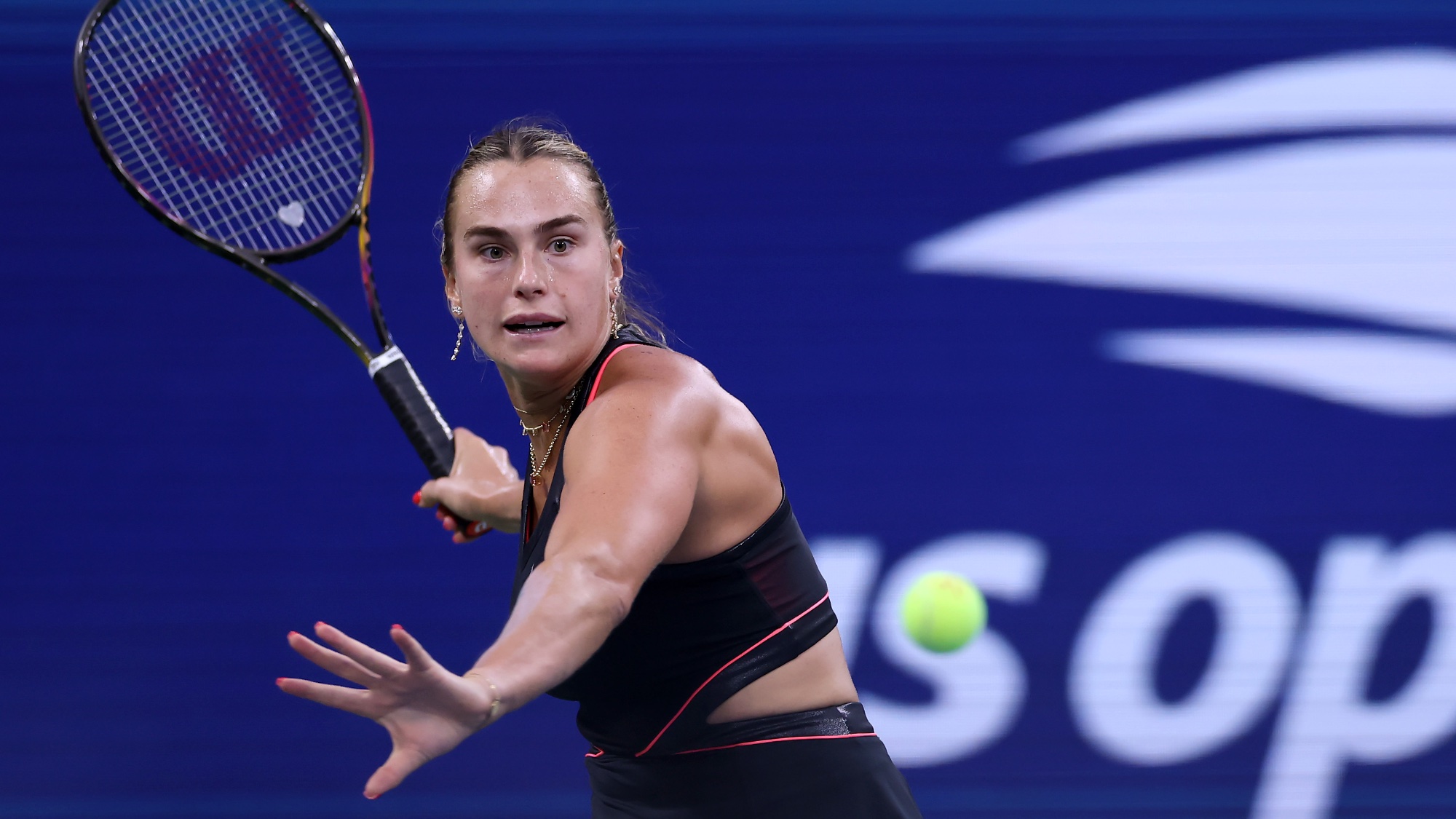 Aryna Sabalenka returns a shot against Leylah Fernandez of Canada during their Women's Singles Third Round match on Day Six of the 2025 US Open at USTA Billie Jean King National Tennis Center on August 29, 2025 in the Flushing neighborhood of the Queens borough of New York City.