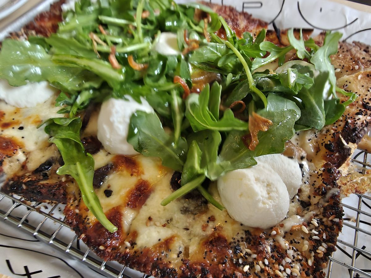 Close-up photos of square pizza