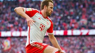 Harry Kane celebrates after scoring for Bayern Munich against Mainz in March 2024.