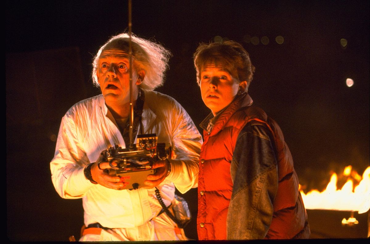 Christopher Lloyd and Michael J. Fox star as Doc Brown and Marty McFly in Robert Zemeckis&#039; &#039;Back to the Future&#039;.