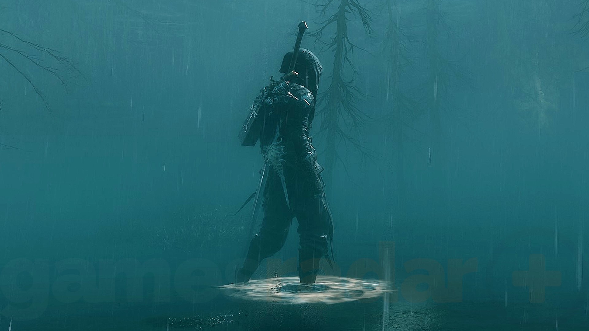 Tiel, one of the Mortal Shell 2 Shells, stands in ankle-deep water in the rain.