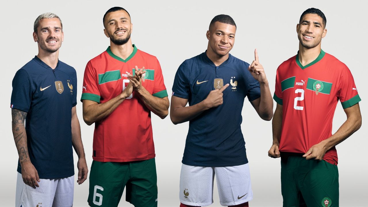 France’s Antoine Greizmann and Kylian Mbappé with Morocco’s Romain Saïss and Achraf Hakimi 