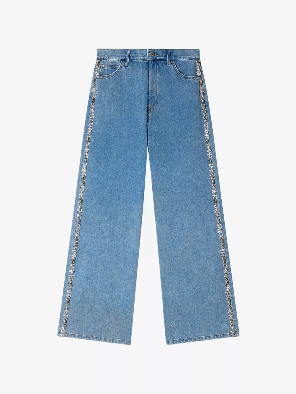 Straight-Leg Rhinestone-Trim Denim Jeans - 6