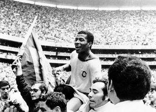 Jairzinho celebrates after winning the 1970 World Cup with Brazil.