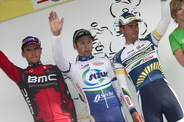 Top three finishers at the 2012 Grand Prix de Wallonie (L-R): Greg Van Avermaet (BMC), Julien Simon (Saur-Sojasun) and Bj&ouml;rn Leukemans (Vacansoleil-DCM)