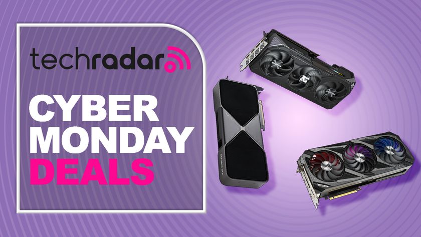 A trio of GPUs against a purple TechRadar Cyber Monday deals background