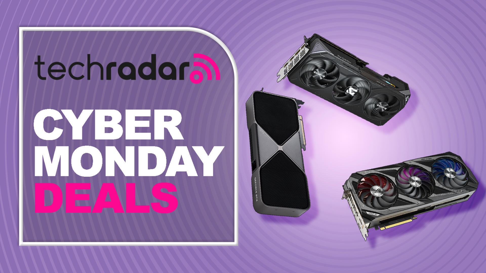 A trio of GPUs against a purple TechRadar Cyber Monday deals background