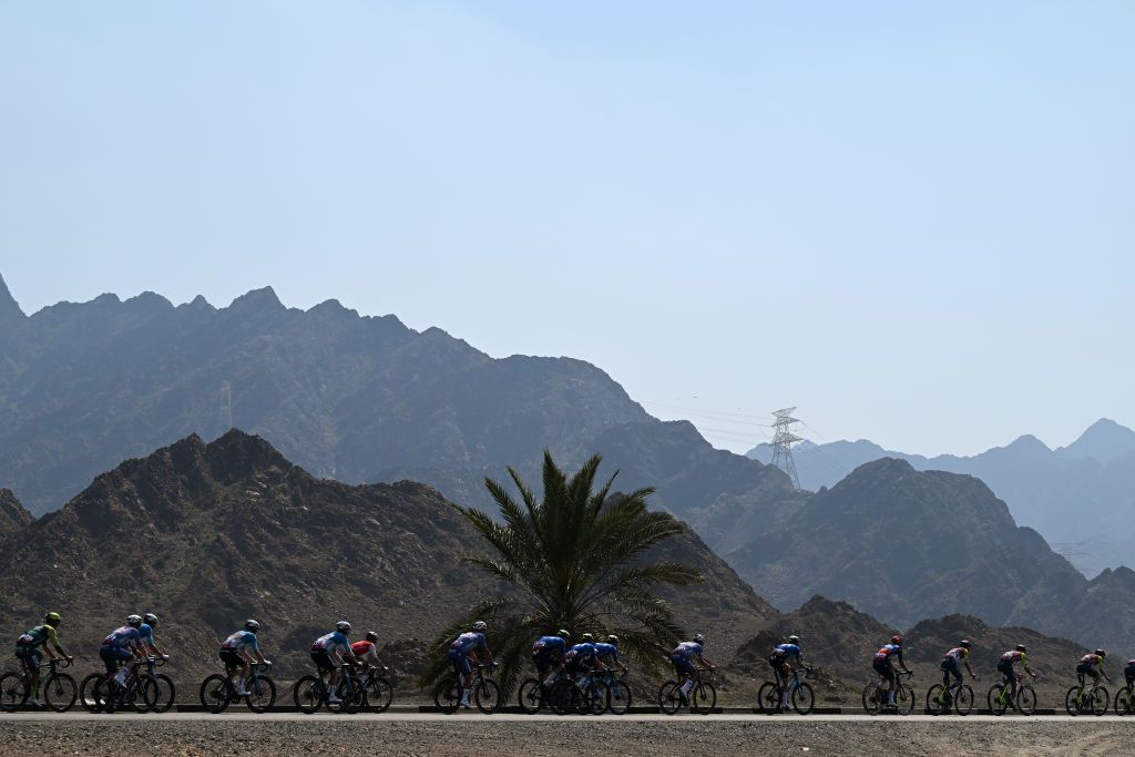 The peloton in the early stages of stage five of the UAE Tour 2024