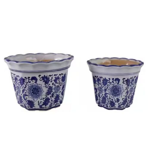 Home Depot, Blue Ceramic Chinoiserie Scalloped Edge Decorative Pots