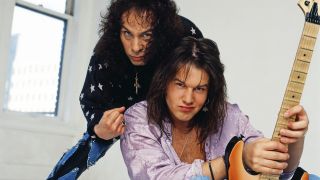 Singer Ronnie James Dio poses with guitarist Rowan Robertson on April 10, 1990. Robertson, a former fan, had just been signed with Dio.