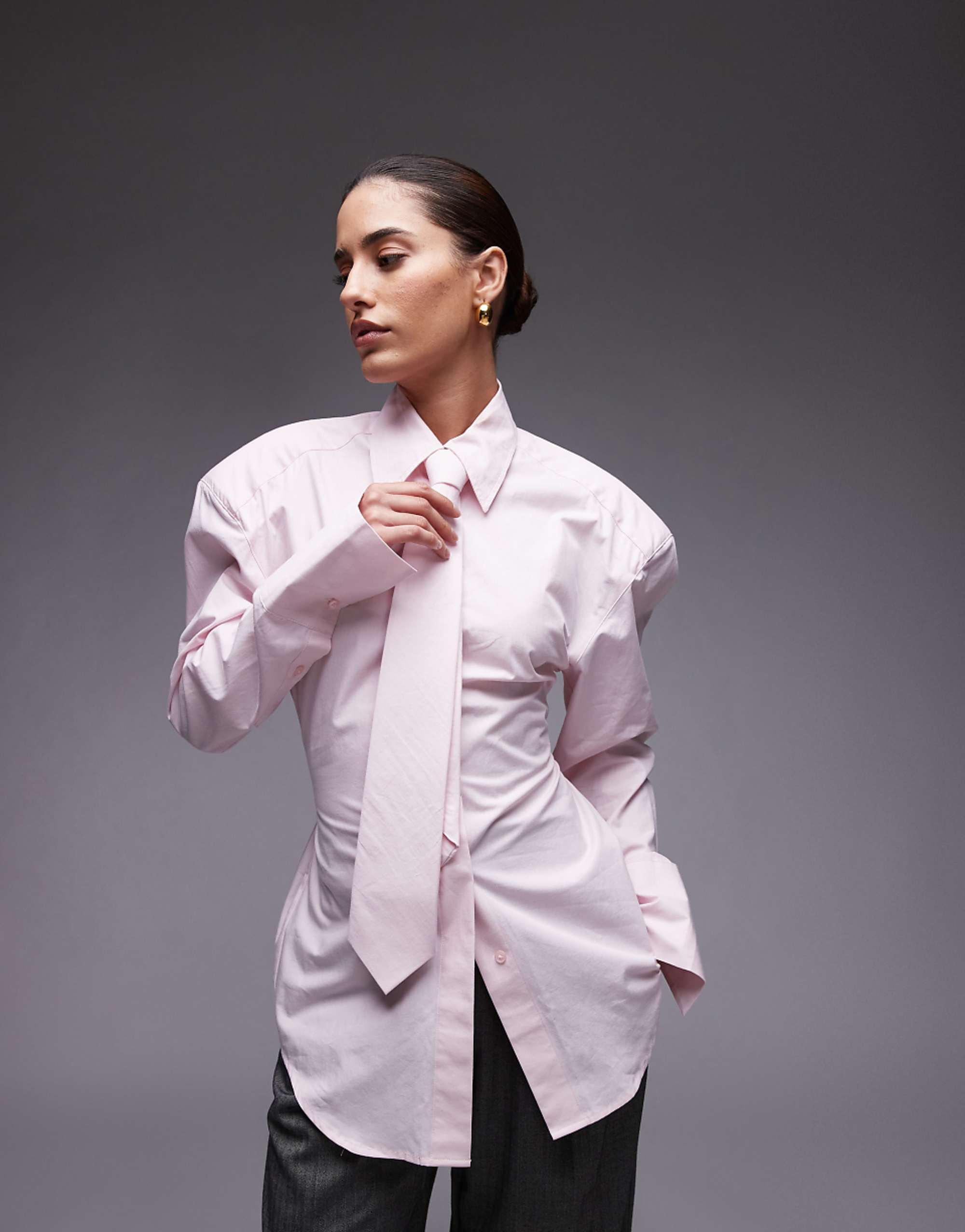 Asos Design Cinch Waist Shirt With Shoulder Pads and Tie in Pink