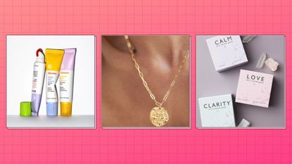 three of MIL&#039;s best Galentine&#039;s Day gifts on a hot pink background