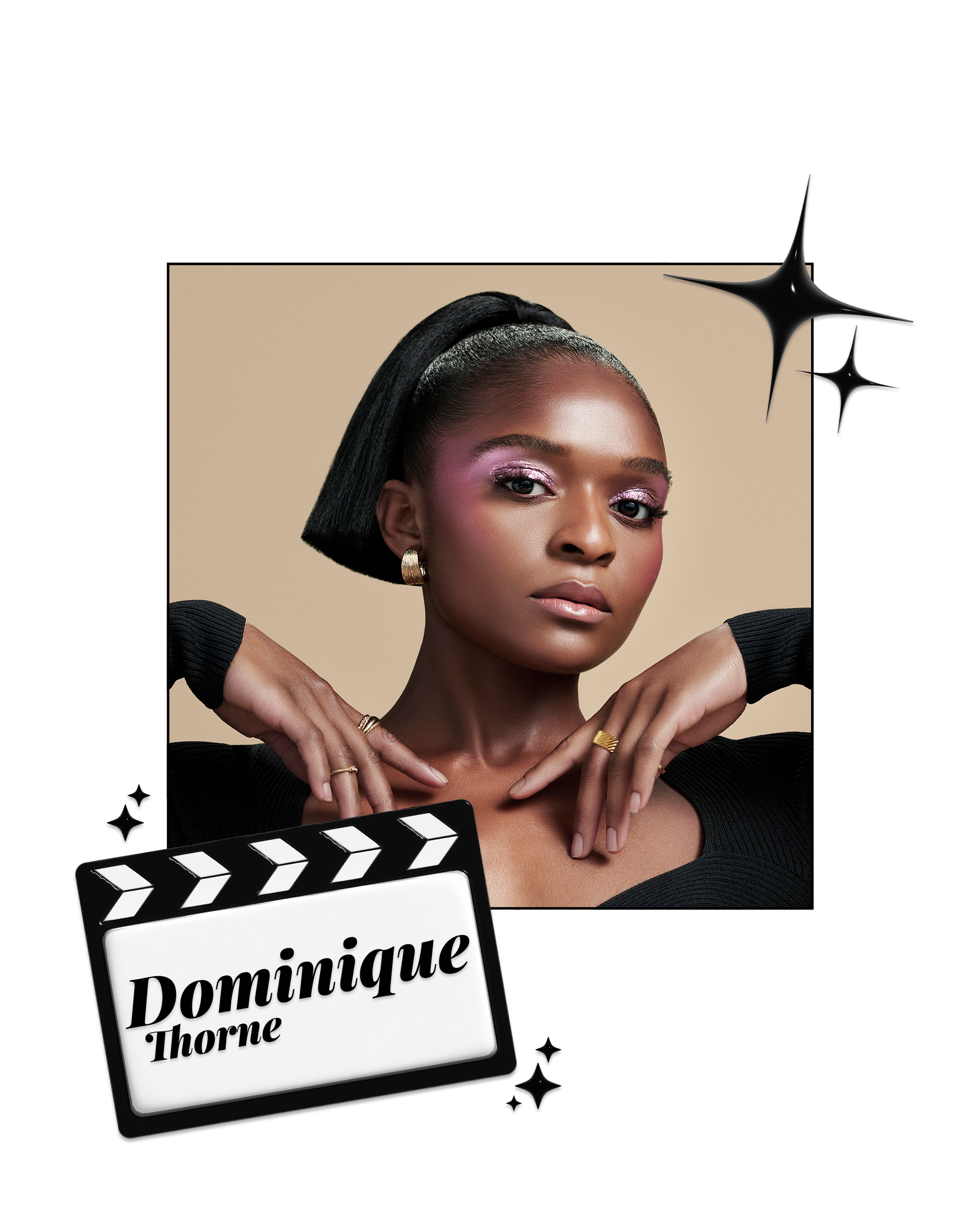 Dominique Thorne in a black top and purple eyeshadow