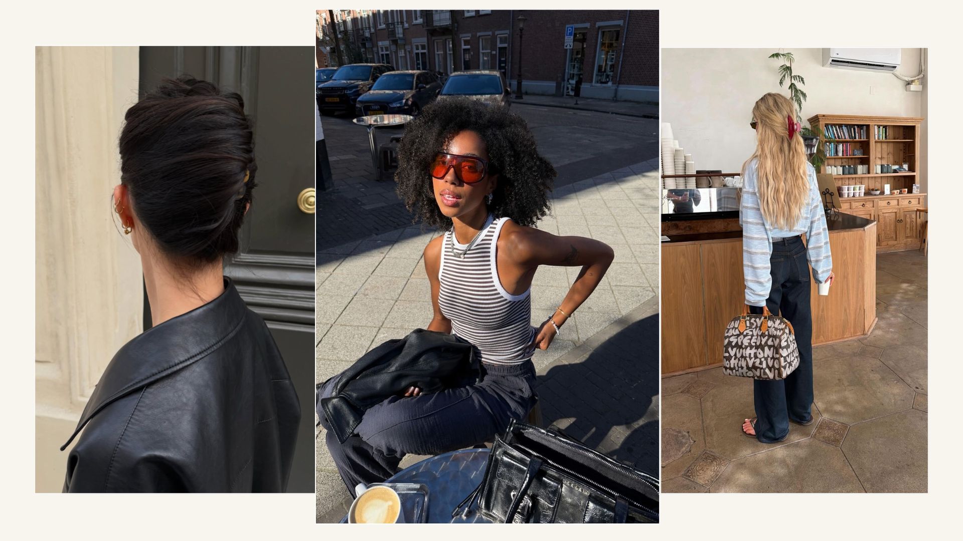 Three creators with different hairstyles, including one French pin hairstyle, curly hair and wavy hair in a claw clip