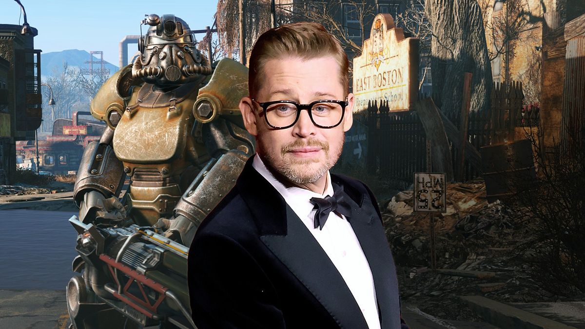 An edited photo of Macaulay Culkin attending the 2024 Academy Museum Gala at Academy Museum of Motion Pictures, including background images from Fallout 4