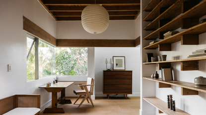 Spherical paper pendant light pictured in a minimalist mid-century living room in Echo Park, California