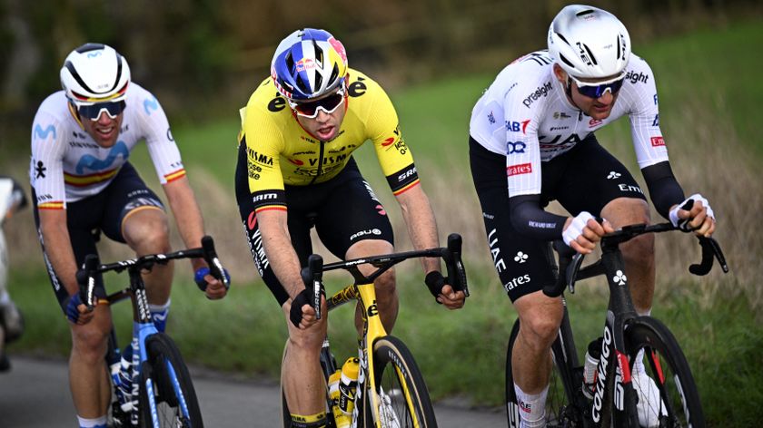 Wout van Aert, Tim Wellens and Oier Lazkano in the leading group during Kuurne-Brussel-Kuurne in 2024