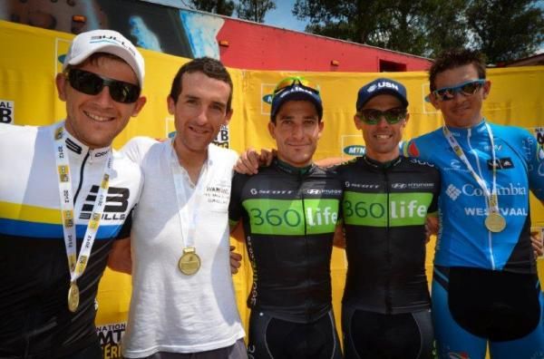 The elite men's podium: Karl Platt, Max Knox, Kevin Evans, David George, Nico Bell