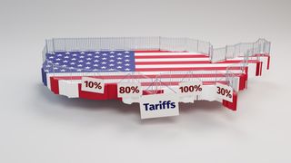 Digital concept of trade protectionism with continental United States covered by US flag and surrounded by a security fence