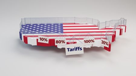 Digital concept of trade protectionism with continental United States covered by US flag and surrounded by a security fence 