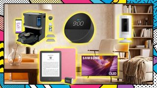 A collage of a Shark Vacuum, Amazon Kindle, Amazon Echo, Samsung TV, and Amazon Ring