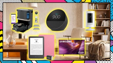 A collage of a Shark Vacuum, Amazon Kindle, Amazon Echo, Samsung TV, and Amazon Ring