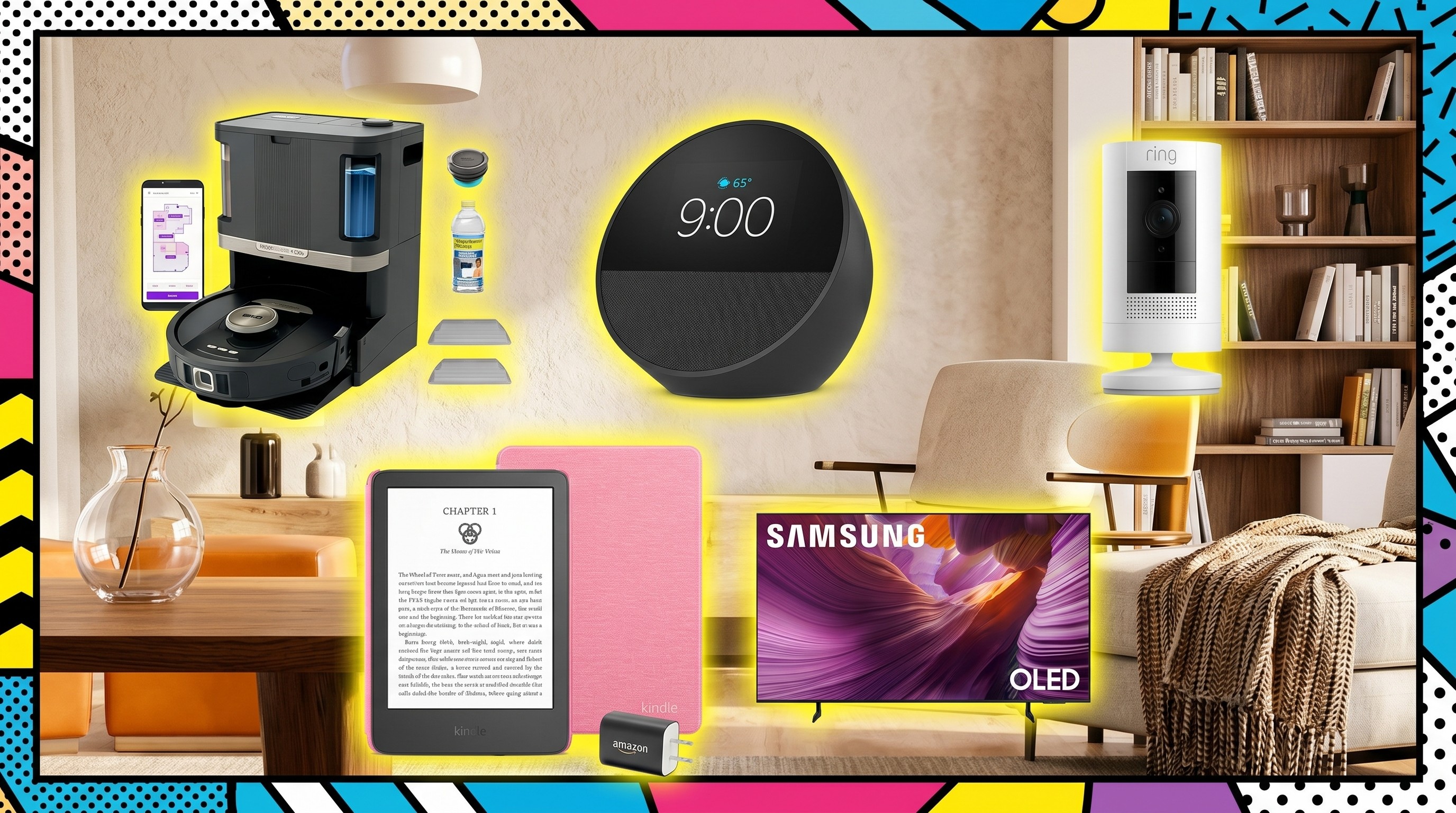 A collage of a Shark Vacuum, Amazon Kindle, Amazon Echo, Samsung TV, and Amazon Ring
