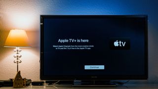 Apple TV Plus is here message on TV screen