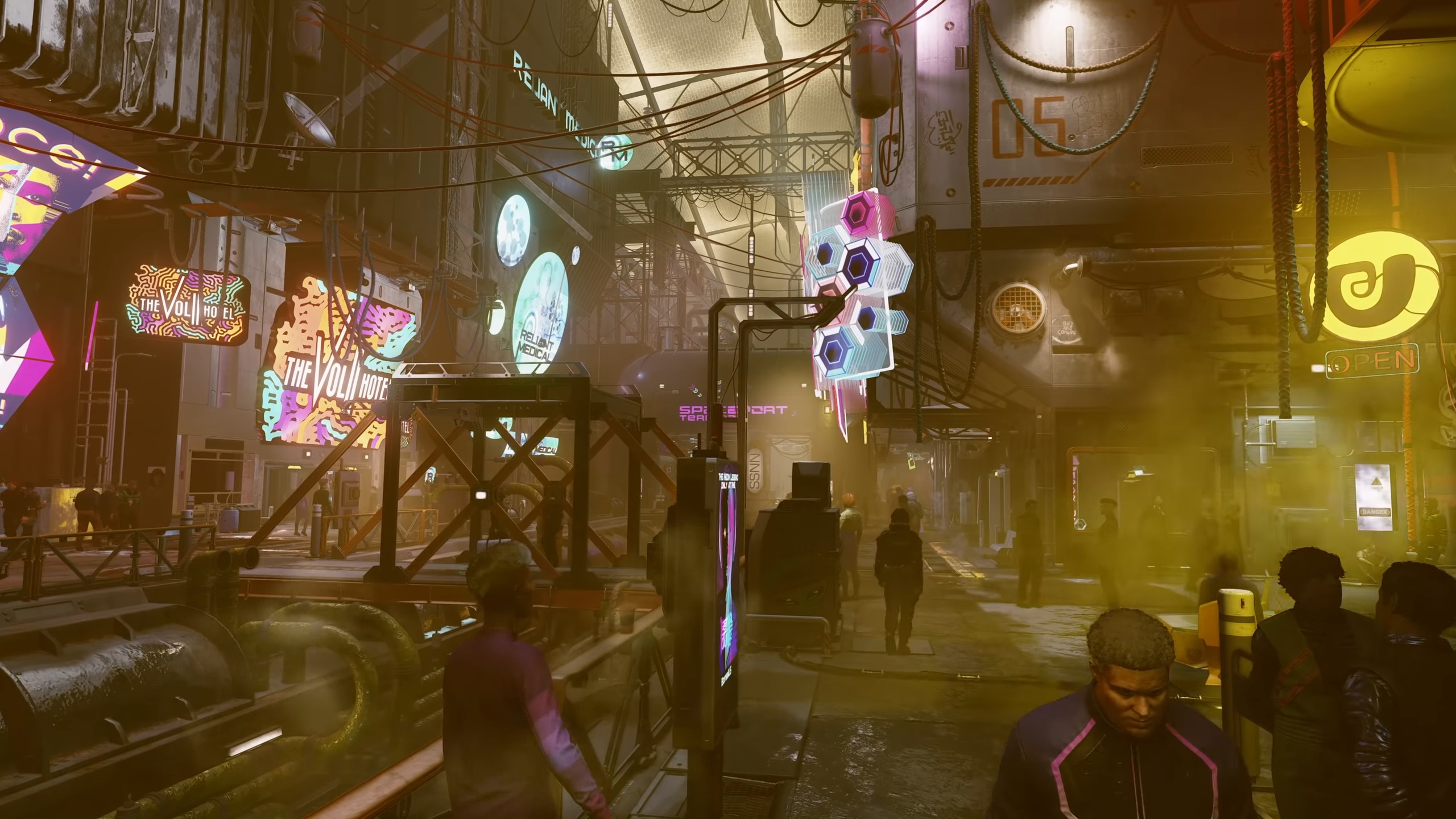 Starfield cities - Neon, an indoor market covered with mist and neon shop lights.