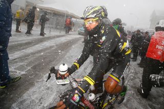 A Colombian rider bundled up against the cold.