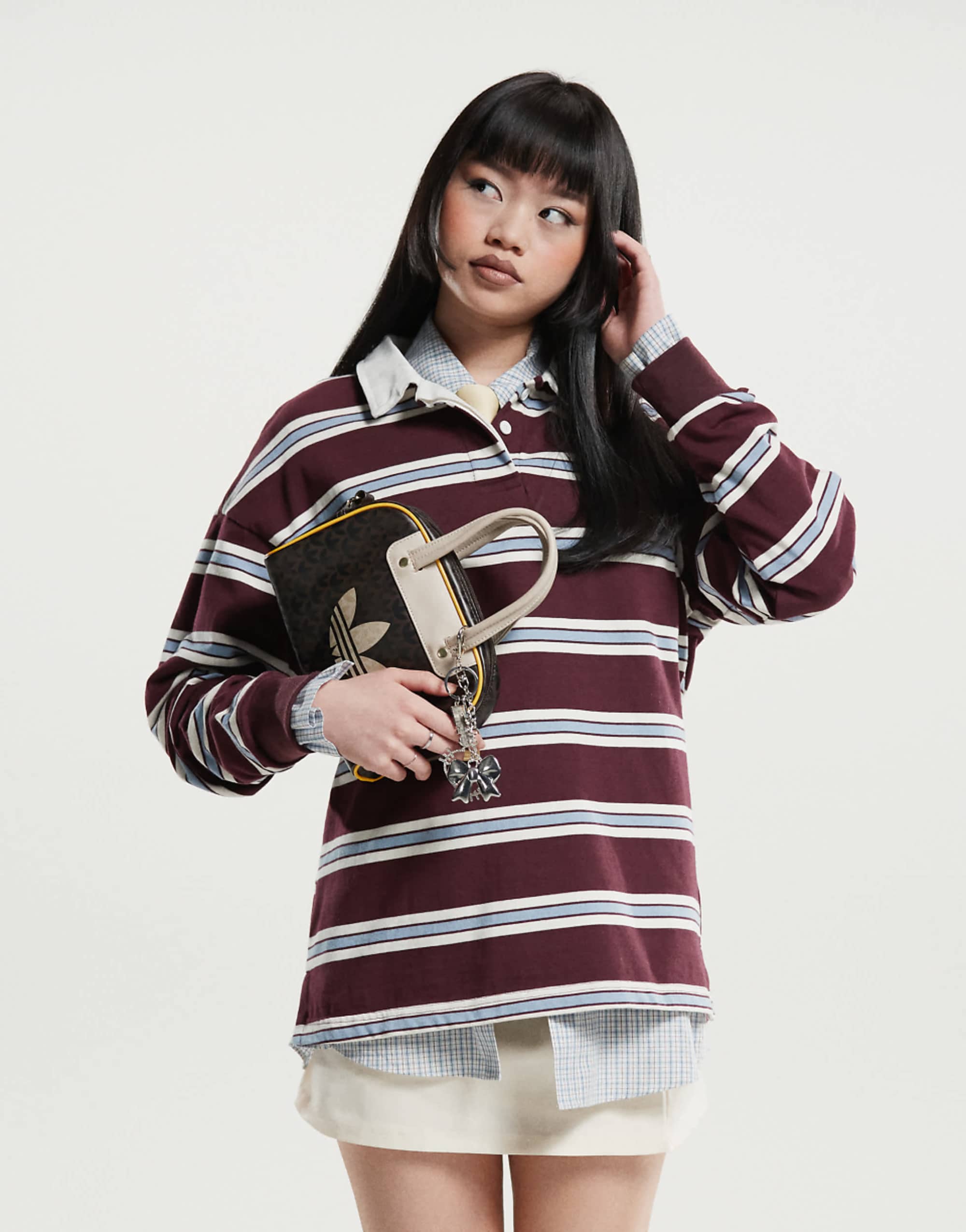 Cotton on Oversized Long Sleeve Polo in Choc Cherry Stripe