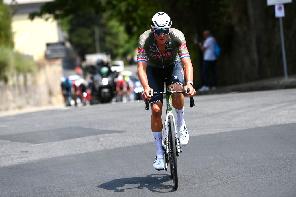 NAPOLI ITALY MAY 14 Mathieu Van Der Poel of Netherlands and Team Alpecin Fenix attacks during the 105th Giro dItalia 2022 Stage 8 a 153km stage from Napoli to Napoli Giro WorldTour on May 14 2022 in Napoli Italy Photo by Tim de WaeleGetty Images