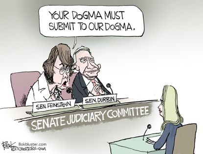 Political cartoon U.S. Senate Judicial Committee Feinstein Durbin Amy Coney Barrett
