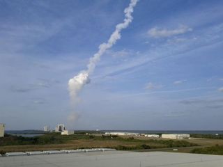 A misty contrail is all that remains behind after the successful launch of an Untied Launch Alliance Atlas 5 rocket carrying the U.S. Navy's new MUOS-1 communications satellite on Feb. 24, 2011 from Florida's Cape Canaveral Air Force Station.