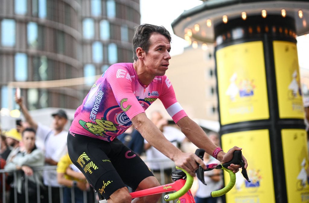 EF EducationEasypost teams Colombian rider Rigoberto Uran cycles to attend the cycling teams presentation two days ahead of the first stage of the 109th edition of the Tour de France cycling race in Copenhagen in Denmark on June 29 2022 Photo by Marco BERTORELLO AFP Photo by MARCO BERTORELLOAFP via Getty Images